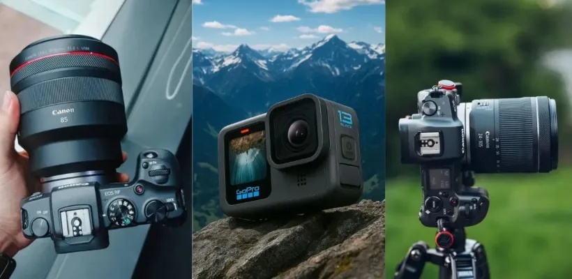 مقایسه دوربینهای اکشن، DSLR و میرورلس در ۲۰۲۵: تفاوتها و بهترین انتخابها 1 عکسی از سه نوع دوربین کنار هم