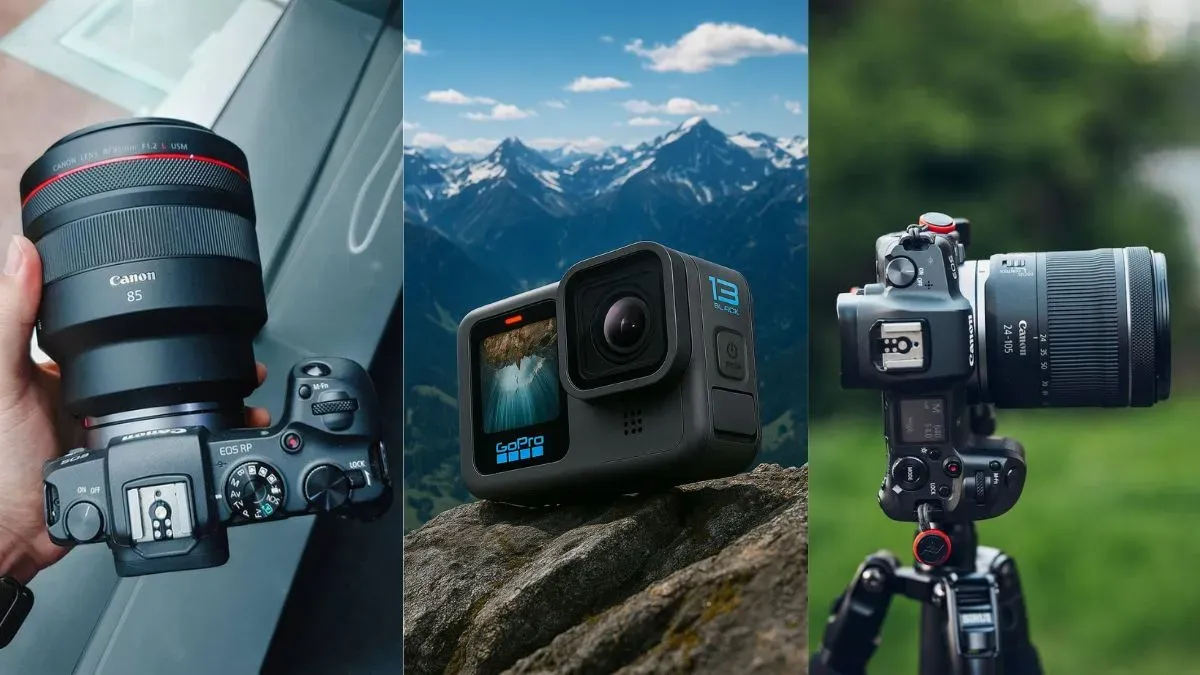 مقایسه دوربینهای اکشن، DSLR و میرورلس در ۲۰۲۵: تفاوتها و بهترین انتخابها 3 عکسی از سه نوع دوربین کنار هم