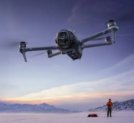 تصویر هوایی از DJI Mavic 4 Pro که دوربین سه‌گانه‌ی پیشرفته و طراحی آیرودینامیک آن را نشان می‌دهد؛ مناسب برای معرفی قابلیت‌های فیلم‌برداری جدید.