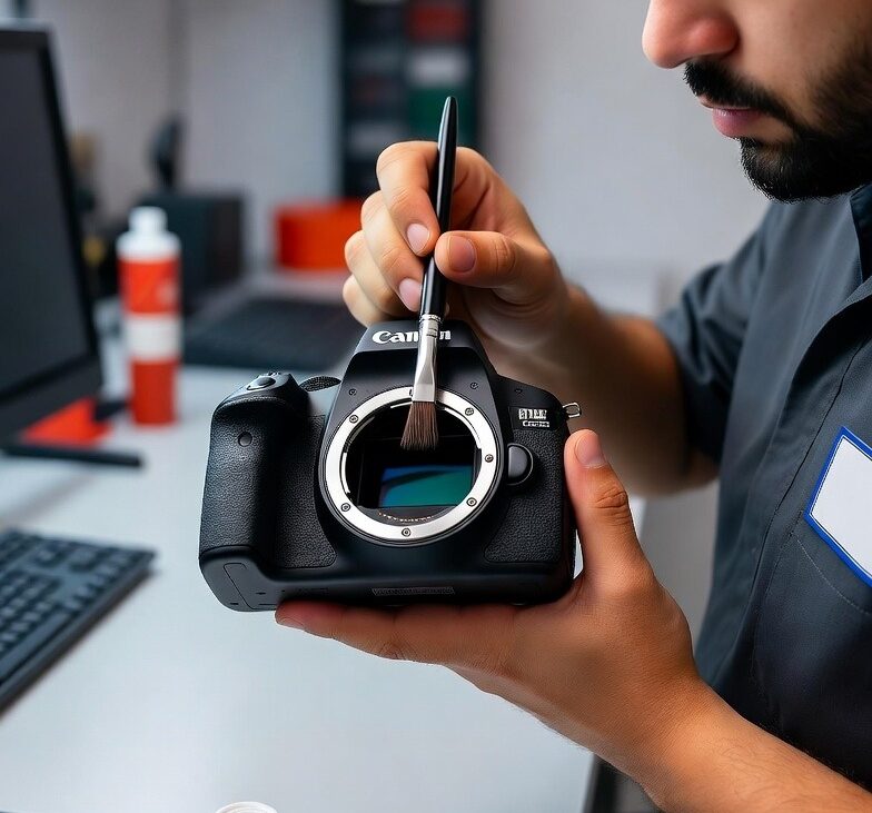 تکنسین در حال کلینینگ سنسور کانن