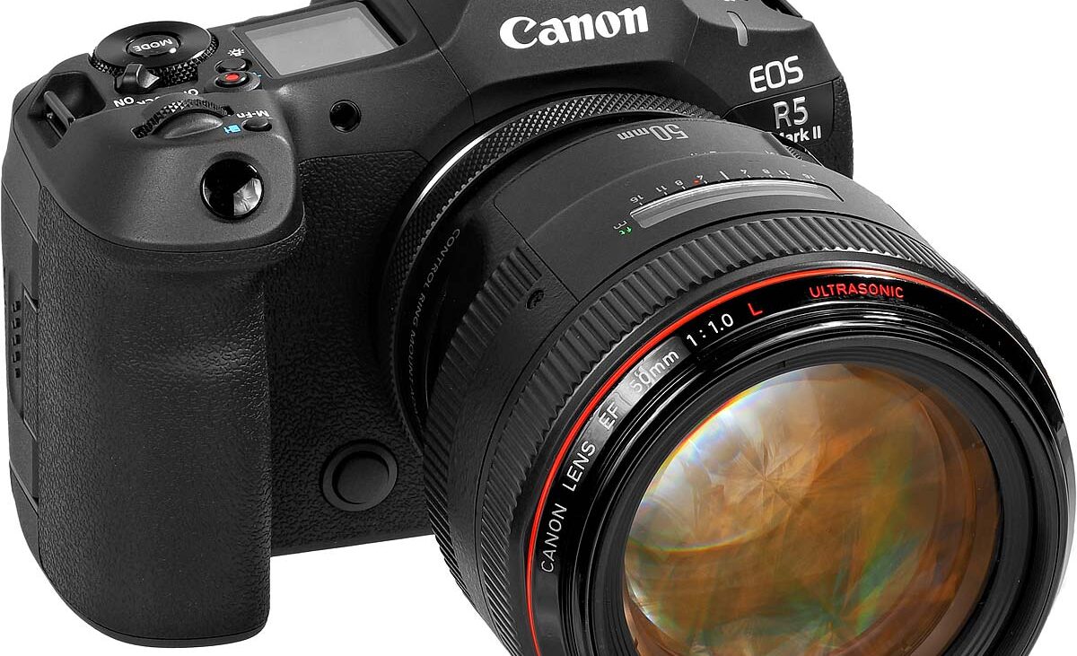 نمای کلی دوربین کانن R5 Mark II روی میز