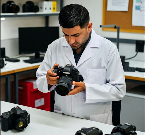 کارشناس در حال بررسی دوربین در مرکز تعمیرات ایده‌آل دوربین