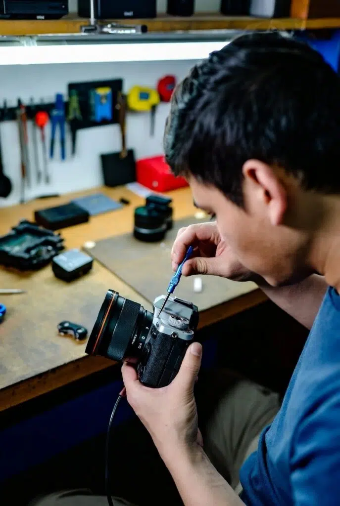 قیمت تعمیر کانن (canon) — راهنمای جامع تعرفه و برآورد هزینه 3 تکنسین متخصص ایدهآل دوربین در حال عیبیابی دقیق یک دوربین کانن با تجهیزات پیشرفته