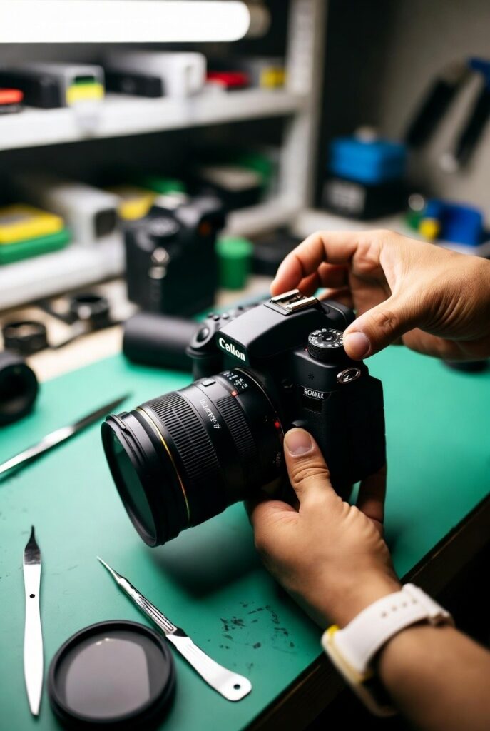 مشتری خوشحال در حال تحویل گرفتن دوربین تعمیر شده خود از ایده‌آل دوربین