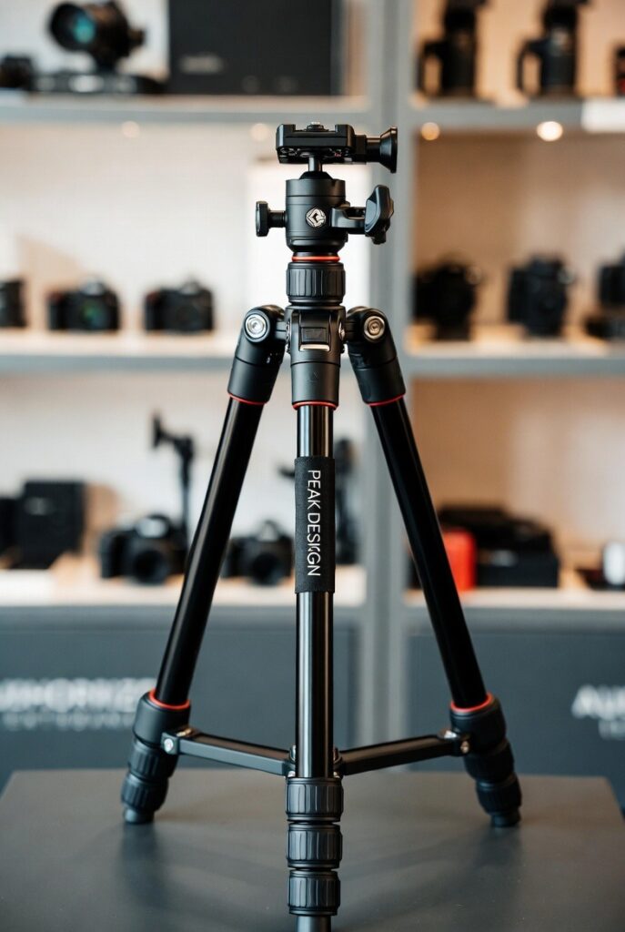 نمای نزدیک از پایه‌های و پاهای سه‌پایه Peak Design Pro که بر روی یک سطح سنگی و ناهموار قرار گرفته است.