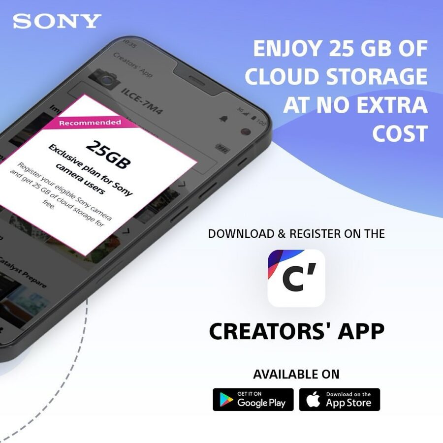 راهنمای جامع اپلیکیشن Creators' App سونی: مدیریت خلاقیت شما در ابر 3 صفحه نمایش موبایل که اپلیکیشن Creators' App را با نمایش ۲۵ گیگابایت فضای ذخیرهسازی رایگان نشان میدهد.