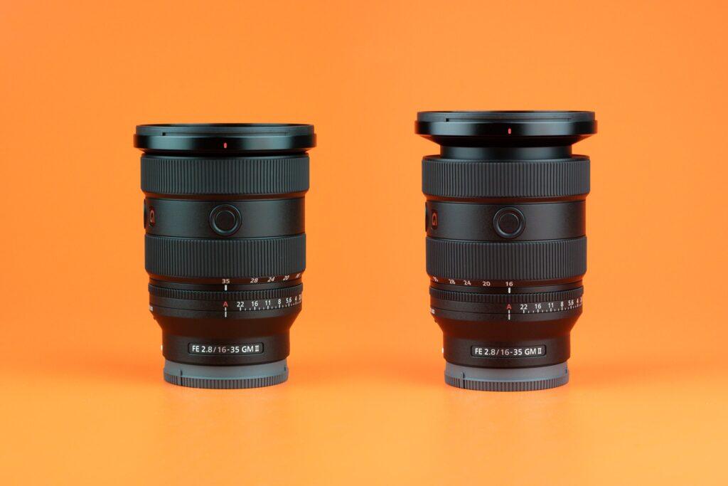 مقایسه طول لنز Sony FE 16-35mm f/2.8 GM II در فاصله کانونی 16mm و 35mm.