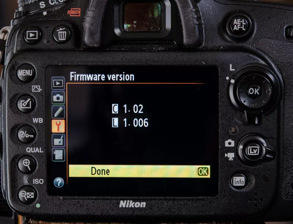 منوی دوربین نیکون با گزینه Firmware version