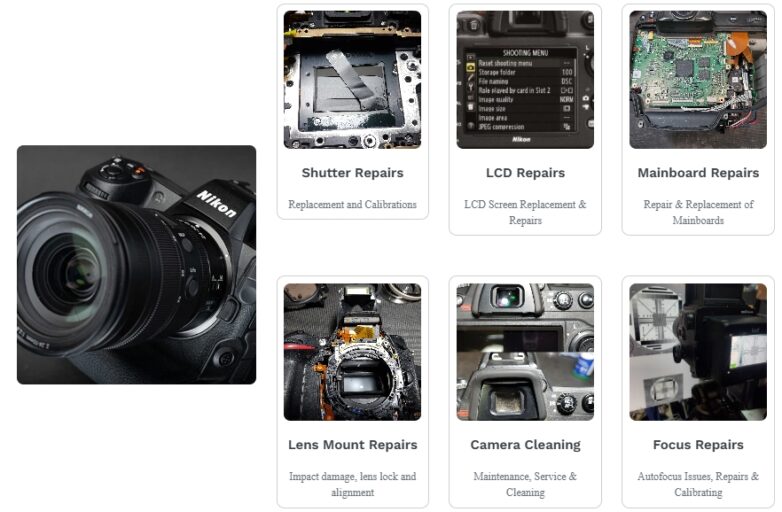 تکنسین با ذره‌بین و ابزارهای دقیق در حال کار روی مکانیزم داخلی یک دوربین DSLR نیکون.