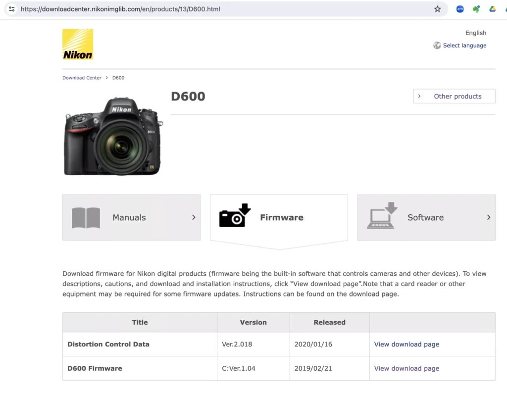 صفحه دانلود فرمور از وب‌سایت نیکون 