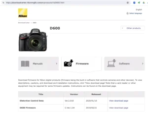 صفحه دانلود فرمور از وب‌سایت نیکون