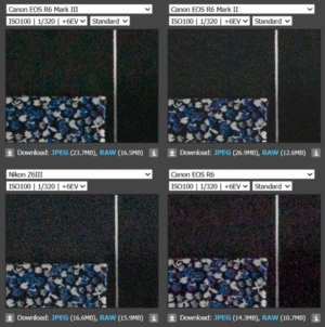 بررسی تخصصی سنسور کانن EOS R6 Mark III: تحلیل داینامیک رنج و عملکرد در ISO بالا 4 مقایسه جانبی تصویر تست استودیو DPReview در حالت Push +6EV بین کانن R6 Mark III و نیکون Z6 III.